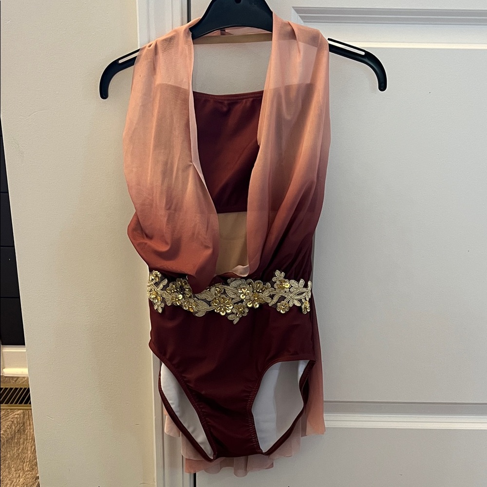 Elegant Burgundy and Peach Leotard with Gold Embellishments